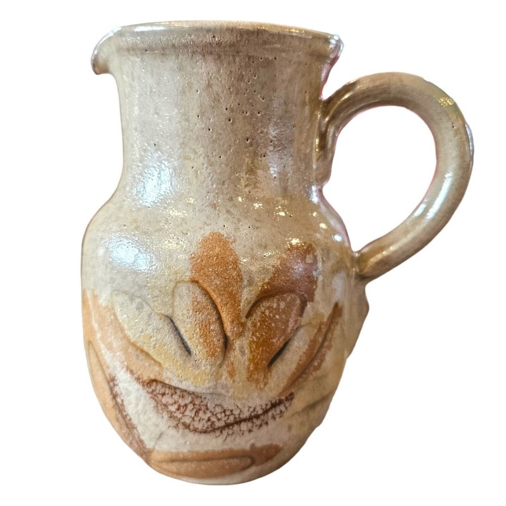 Pottery Vallauris Ceramic Pitcher La Roue French Glazed Cream Neutral 6"‎ Tall